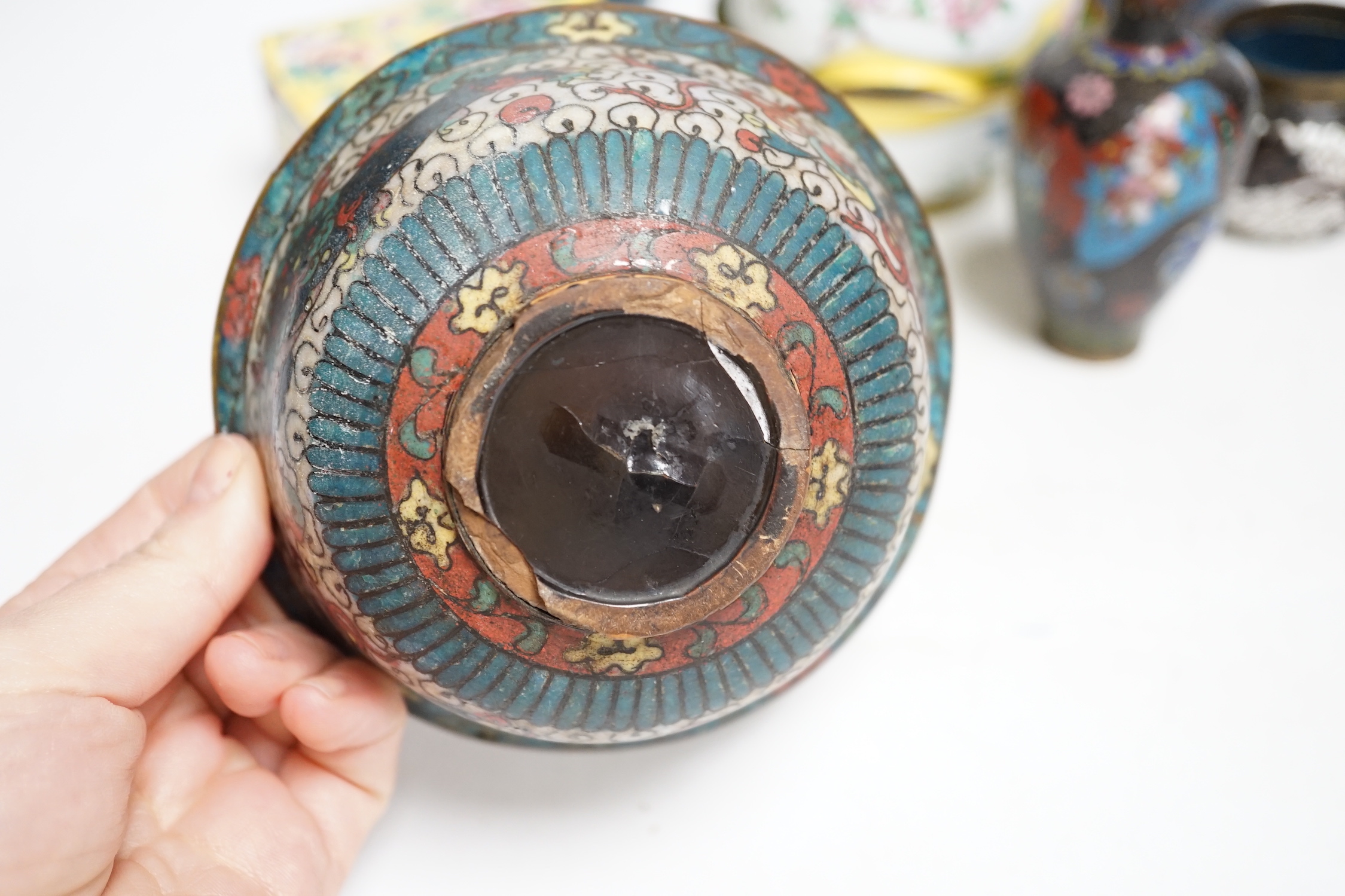 Four Japanese cloisonné enamel vases and a similar bowl and two Canton enamel bowls and similar box and cover, tallest 30cm high